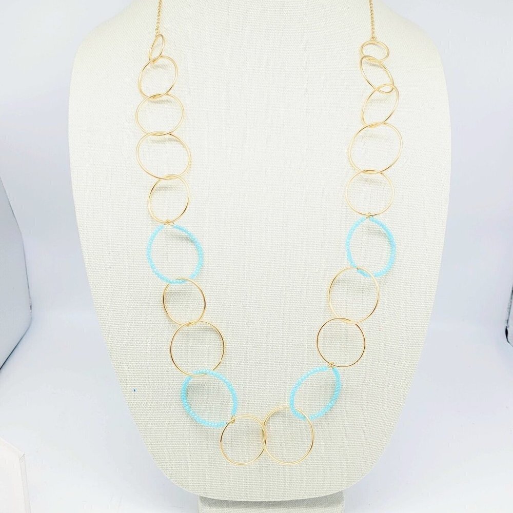 Banana Republic 36" Open Circles Necklace Blue Crystals Gold Tone NEW ON CARD
